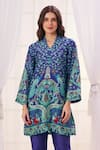 Buy_Taroob_Blue Silk Linen Blend Printed Mughal Art V Neck Kurta And Pant Set _Online_at_Aza_Fashions