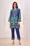 Shop_Taroob_Blue Silk Linen Blend Printed Mughal Art V Neck Kurta And Pant Set _Online_at_Aza_Fashions