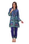 Taroob_Blue Silk Linen Blend Printed Mughal Art V Neck Kurta And Pant Set _at_Aza_Fashions