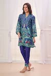 Buy_Taroob_Blue Silk Linen Blend Printed Mughal Art V Neck Kurta And Pant Set 