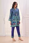 Shop_Taroob_Blue Silk Linen Blend Printed Mughal Art V Neck Kurta And Pant Set 