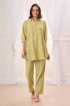 Taroob_Green Silk Cotton Blend Embroidered Safari Collar Shirt And Pant Set _at_Aza_Fashions