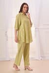 Shop_Taroob_Green Silk Cotton Blend Embroidered Safari Collar Shirt And Pant Set 