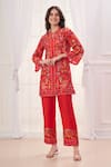 Buy_Taroob_Red Silk Linen Blend Hand Embroidered Safari Notched Neck Kurta And Pant Set _at_Aza_Fashions