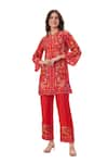 Buy_Taroob_Red Silk Linen Blend Hand Embroidered Safari Notched Neck Kurta And Pant Set _Online_at_Aza_Fashions