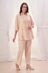 Shop_Taroob_Pink Silk Cotton Blend Embroidered Floral Collar Shirt And Pant Set 