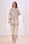 Buy_Taroob_Cream Silk Linen Blend Embroidered Safari Notched Work Neck Kurta And Pant Set _at_Aza_Fashions