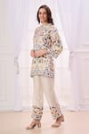 Buy_Taroob_Cream Silk Linen Blend Embroidered Safari Notched Work Neck Kurta And Pant Set _Online_at_Aza_Fashions