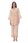 Taroob_Cream Silk Linen Blend Hand Embroidered Floral Notched Kurta And Pant Set_at_Aza_Fashions