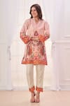 Taroob_Cream Silk Linen Blend Printed Paisley V Neck Kurta And Pant Set _at_Aza_Fashions