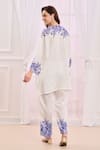 Shop_Taroob_White Silk Linen Blend Hand Embroidered Floral V Neck Kurta And Pant Set _at_Aza_Fashions