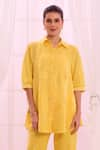 Buy_Taroob_Yellow Silk Cotton Blend Embroidered Safari Collar Floral Shirt And Pant Set _Online_at_Aza_Fashions