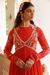Shop_Manisha Soni Couture_Orange Chiffon Printed Floral V-neck Hand Embroidered Anarkali With Dupatta_at_Aza_Fashions