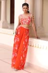 Buy_Manisha Soni Couture_Orange Blouse Chiffon Printed Floral V-neck Hand Embroidered With Pant _Online_at_Aza_Fashions