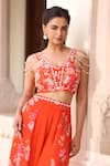 Shop_Manisha Soni Couture_Orange Blouse Chiffon Printed Floral V-neck Hand Embroidered With Pant _at_Aza_Fashions