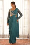 Shop_Manisha Soni Couture_Green Georgette Printed Floral Hand Embroidered Pre-draped Saree With Blouse _Online_at_Aza_Fashions