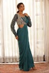 Buy_Manisha Soni Couture_Green Georgette Printed Floral Hand Embroidered Pre-draped Saree With Blouse 