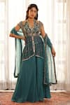 Buy_Manisha Soni Couture_Green Chinnon Printed Floral Halter Neck Hand Embroidered Peplum Kurta Pant Set _at_Aza_Fashions