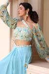 Buy_Manisha Soni Couture_Blue Skirt Georgette Printed Floral Asymmetric Neckline Blouse With _Online_at_Aza_Fashions