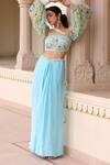 Shop_Manisha Soni Couture_Blue Skirt Georgette Printed Floral Asymmetric Neckline Blouse With _Online_at_Aza_Fashions