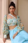 Shop_Manisha Soni Couture_Blue Skirt Georgette Printed Floral Asymmetric Neckline Blouse With _at_Aza_Fashions