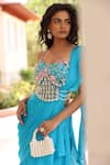 Buy_Manisha Soni Couture_Blue Blouse Chinnon Chiffon Printed Hand Embroidered Pre-draped Saree And Set 