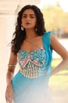 Shop_Manisha Soni Couture_Blue Blouse Chinnon Chiffon Printed Hand Embroidered Pre-draped Saree And Set _at_Aza_Fashions