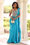 Buy_Manisha Soni Couture_Blue Blouse Chinnon Chiffon Printed Hand Embroidered Pre-draped Saree And Set _at_Aza_Fashions