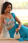 Shop_Manisha Soni Couture_Blue Blouse Chinnon Chiffon Printed Hand Embroidered Pre-draped Saree And Set 