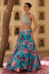 Manisha Soni Couture_Blue Chinnon Chiffon Printed Floral Halter Neck Lehenga Blouse Set_at_Aza_Fashions