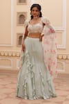 Buy_Manisha Soni Couture_Green Chiffon Printed Floral Square Embroidered Fish Cut Lehenga Set With Cape _at_Aza_Fashions