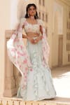 Manisha Soni Couture_Green Chiffon Printed Floral Square Embroidered Fish Cut Lehenga Set With Cape _Online