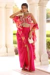 Manisha Soni Couture_Pink Skirt Satin Printed Floral V-neck Embroidered Blouse Slit Draped Set _at_Aza_Fashions