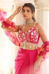 Shop_Manisha Soni Couture_Pink Skirt Satin Printed Floral V-neck Embroidered Blouse Slit Draped Set _at_Aza_Fashions