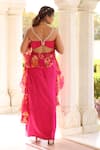 Manisha Soni Couture_Pink Skirt Satin Printed Floral V-neck Embroidered Blouse Slit Draped Set _Online_at_Aza_Fashions