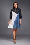 Buy_Deepika Arora_Blue 100% Cotton Geometric Band Collar Color Block Short Dress _at_Aza_Fashions