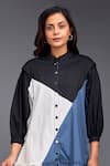 Deepika Arora_Blue 100% Cotton Geometric Band Collar Color Block Short Dress _Online_at_Aza_Fashions