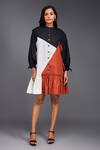 Buy_Deepika Arora_Orange 100% Cotton Geometric Band Collar Color Block Short Tiered Dress _at_Aza_Fashions