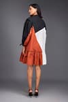 Shop_Deepika Arora_Orange 100% Cotton Geometric Band Collar Color Block Short Tiered Dress _at_Aza_Fashions