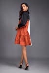 Buy_Deepika Arora_Orange 100% Cotton Geometric Band Collar Color Block Short Tiered Dress _Online_at_Aza_Fashions