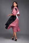 Deepika Arora_Pink 100% Cotton Geometric V Neck Color Block Top And Skirt Co-ord Set _at_Aza_Fashions