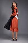 Deepika Arora_Orange 100% Cotton Geometric V Neck Color Block Top And Skirt Set _at_Aza_Fashions