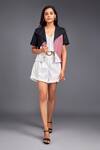 Buy_Deepika Arora_Pink 100% Cotton Geometric Notched Lapel Color Block Crop Shirt And Shorts Set _at_Aza_Fashions