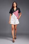 Deepika Arora_Pink 100% Cotton Geometric Notched Lapel Color Block Crop Shirt And Shorts Set _Online_at_Aza_Fashions