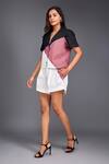 Deepika Arora_Pink 100% Cotton Geometric Notched Lapel Color Block Crop Shirt And Shorts Set _at_Aza_Fashions
