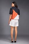 Shop_Deepika Arora_Orange 100% Cotton Geometric Notched Lapel Color Block Crop Shirt And Shorts Set _at_Aza_Fashions