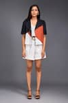 Deepika Arora_Orange 100% Cotton Geometric Notched Lapel Color Block Crop Shirt And Shorts Set _Online_at_Aza_Fashions