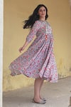 Shop_NUHH_Multi Color 50 % Viscose Printed Floral Keyhole Khiltay Hai Gul Yahan Dress_at_Aza_Fashions