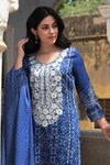 NUHH_Blue 50% Viscose Printed Moroccan Round Neck Kurta Set_Online_at_Aza_Fashions