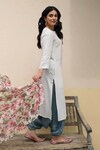 NUHH_White 100% Cotton Embroidery Thread Mandarin Collar Floral Placement Kurta Set_at_Aza_Fashions